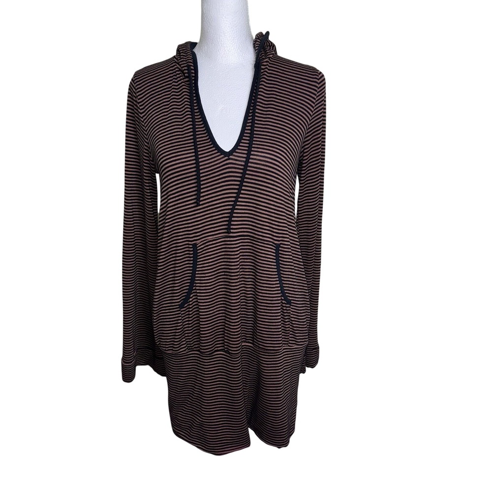 Ella Moss Striped Hoodie Dress Mauve Black V-Neck Long Sleeve ETLG5342NR Medium